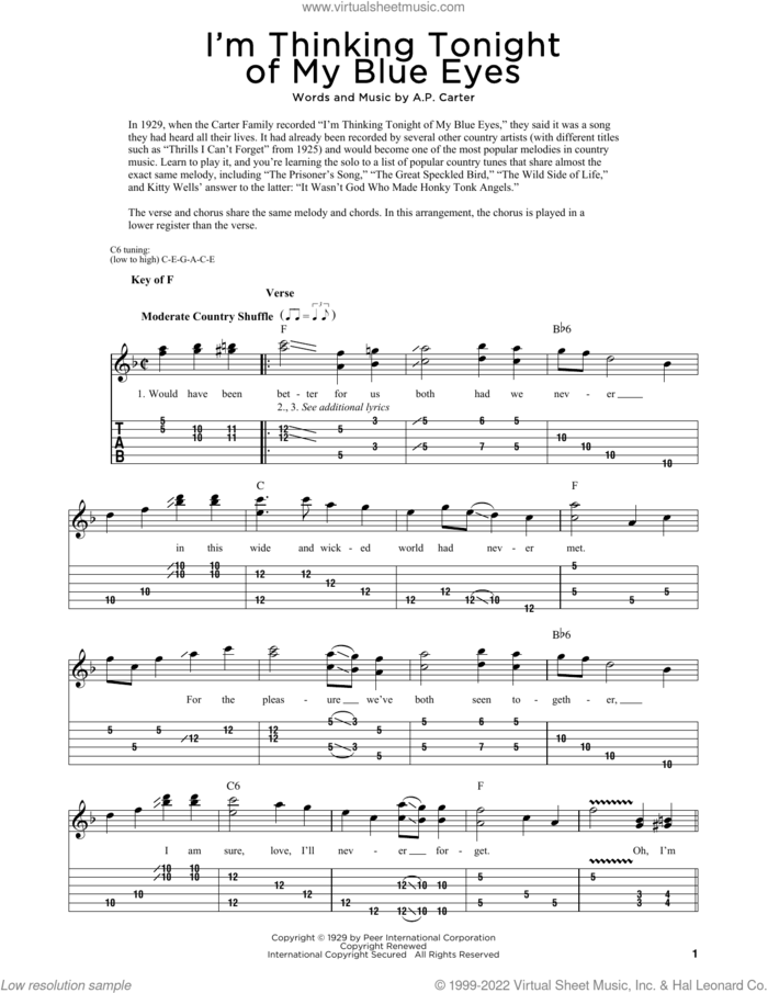 I'm Thinking Tonight Of My Blue Eyes (arr. Fred Sokolow) sheet music for dobro solo by Gene Autry, Fred Sokolow and A.P. Carter, easy skill level