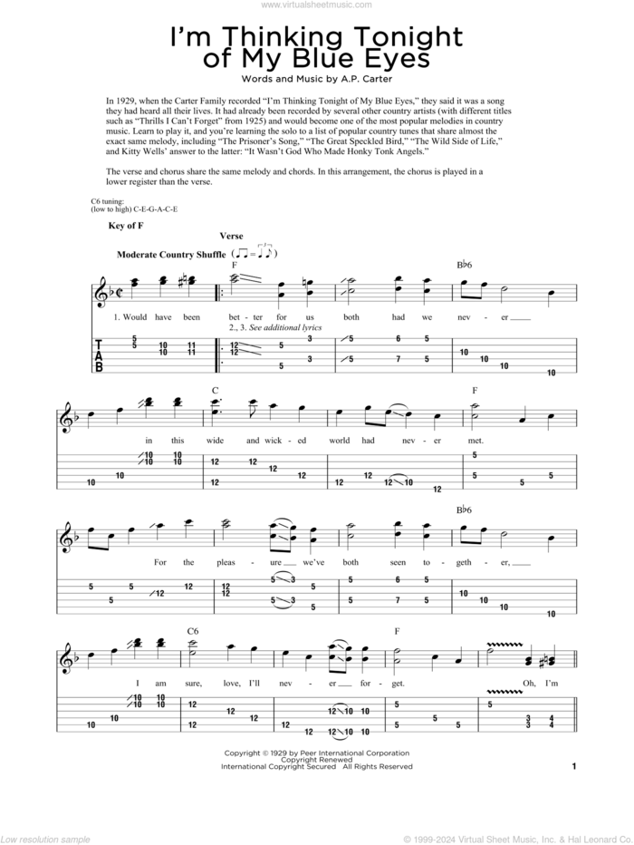 I'm Thinking Tonight Of My Blue Eyes (arr. Fred Sokolow) sheet music for dobro solo by Gene Autry, Fred Sokolow and A.P. Carter, easy skill level