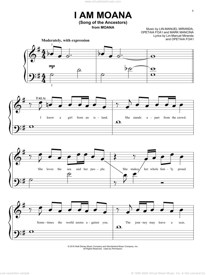 I Am Moana (Song Of The Ancestors) (from Moana) sheet music for piano solo (big note book) by Lin-Manuel Miranda and Mark Mancina, easy piano (big note book)