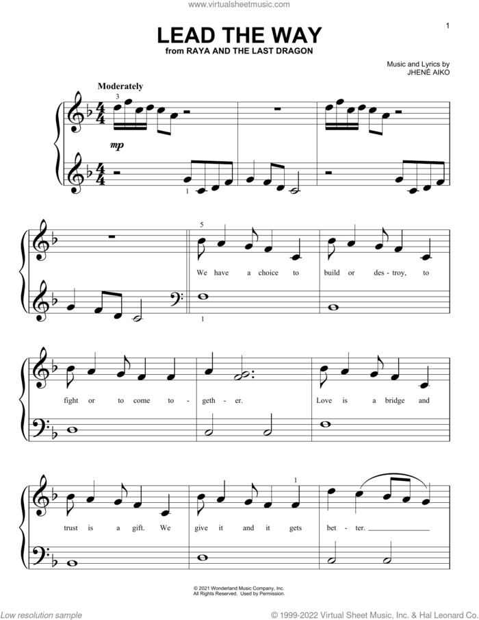 Lead The Way (from Disney's Raya And The Last Dragon) sheet music for piano solo (big note book) by Jhene Aiko, easy piano (big note book)
