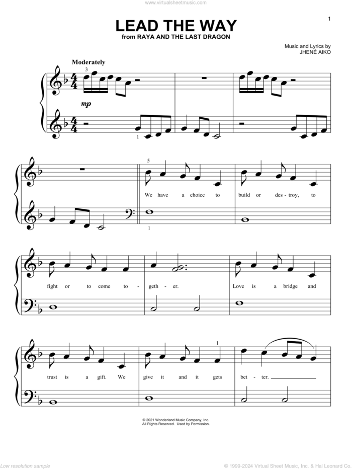 Lead The Way (from Disney's Raya And The Last Dragon) sheet music for piano solo (big note book) by Jhene Aiko, easy piano (big note book)