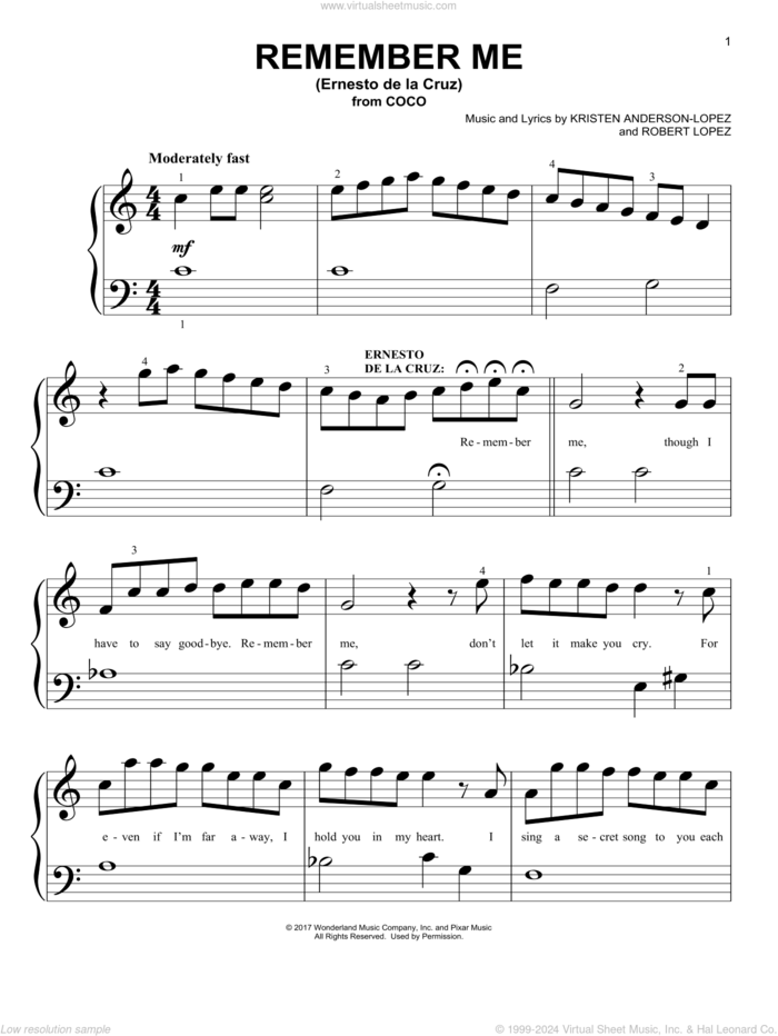 Remember Me (Ernesto de la Cruz) (from Coco) sheet music for piano solo (big note book) by Kristen Anderson-Lopez & Robert Lopez, Kristen Anderson-Lopez and Robert Lopez, easy piano (big note book)