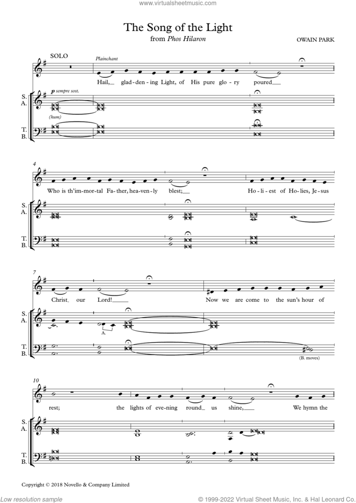 The Song Of The Light (from Phos Hilaron) sheet music for choir (SATB: soprano, alto, tenor, bass) by Owain Park, intermediate skill level