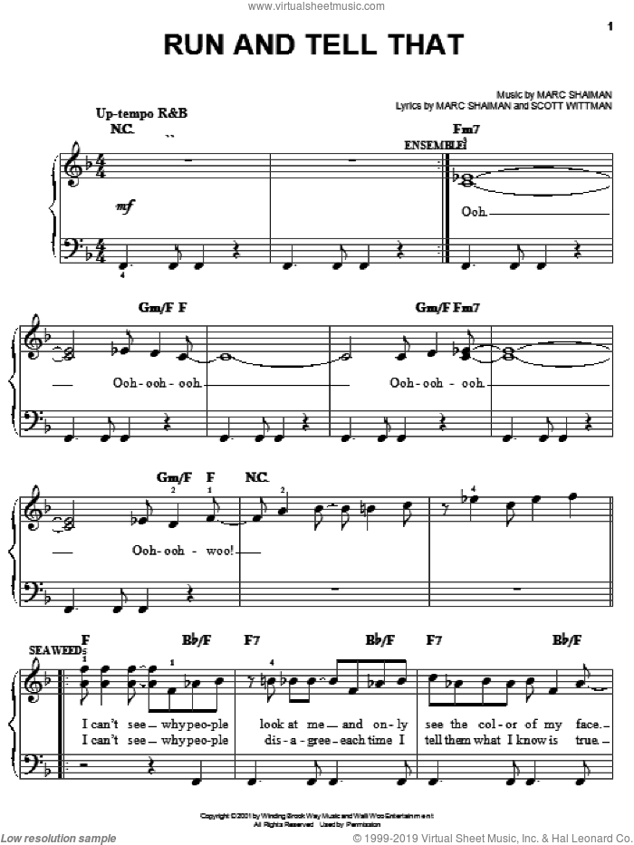 Run And Tell That sheet music for piano solo by Marc Shaiman, Hairspray (Musical) and Scott Wittman, easy skill level