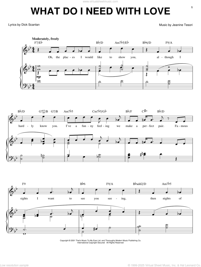 What Do I Need With Love sheet music for voice, piano or guitar by Dick Scanlan, Thoroughly Modern Millie and Jeanine Tesori, intermediate skill level