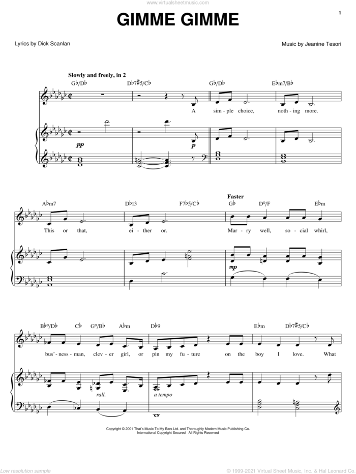 Gimme Gimme sheet music for voice, piano or guitar by Dick Scanlan, Thoroughly Modern Millie and Jeanine Tesori, intermediate skill level