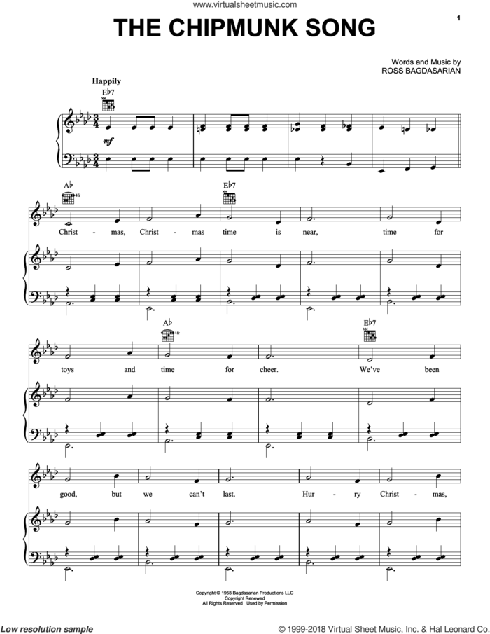 The Chipmunk Song sheet music for voice, piano or guitar by Alvin And The Chipmunks, Alvin And The Chipmunks (Movie) and Ross Bagdasarian, intermediate skill level