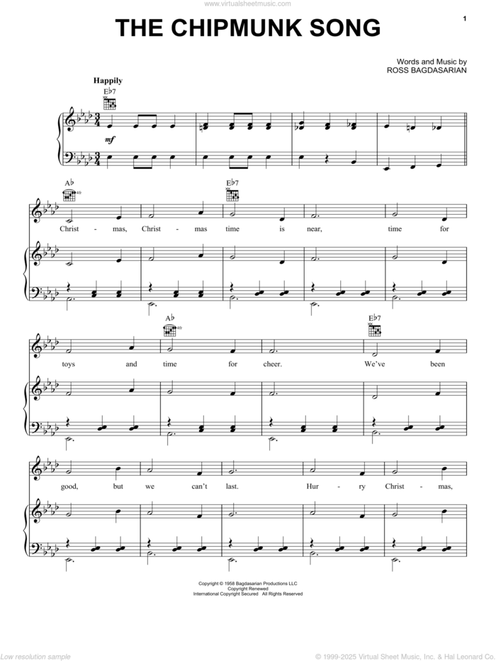 The Chipmunk Song sheet music for voice, piano or guitar by Alvin And The Chipmunks, Alvin And The Chipmunks (Movie) and Ross Bagdasarian, intermediate skill level