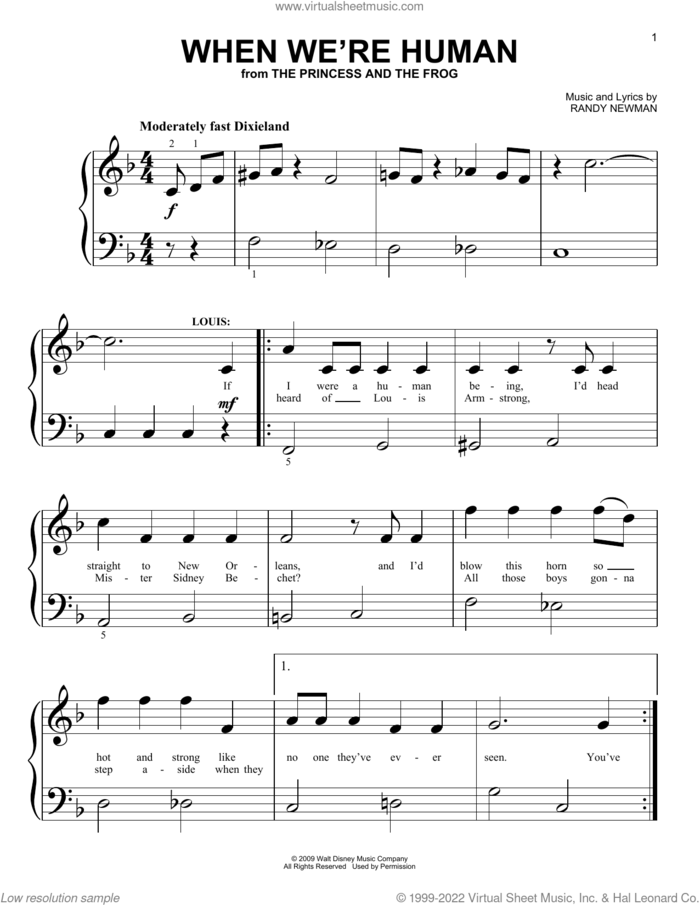 When We're Human (from The Princess And The Frog) sheet music for piano solo (big note book) by Randy Newman, easy piano (big note book)