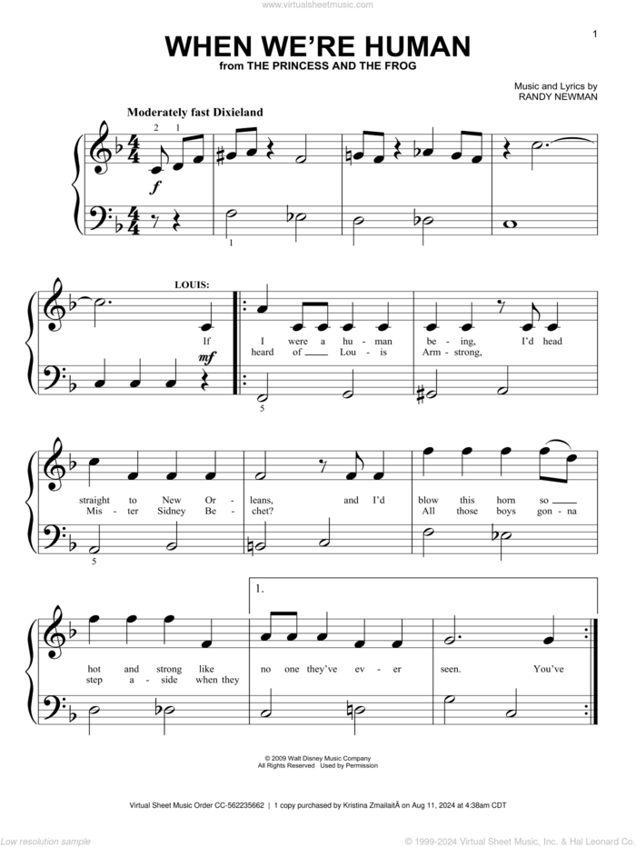 When We're Human (from The Princess And The Frog) sheet music for piano solo (big note book) by Randy Newman, easy piano (big note book)