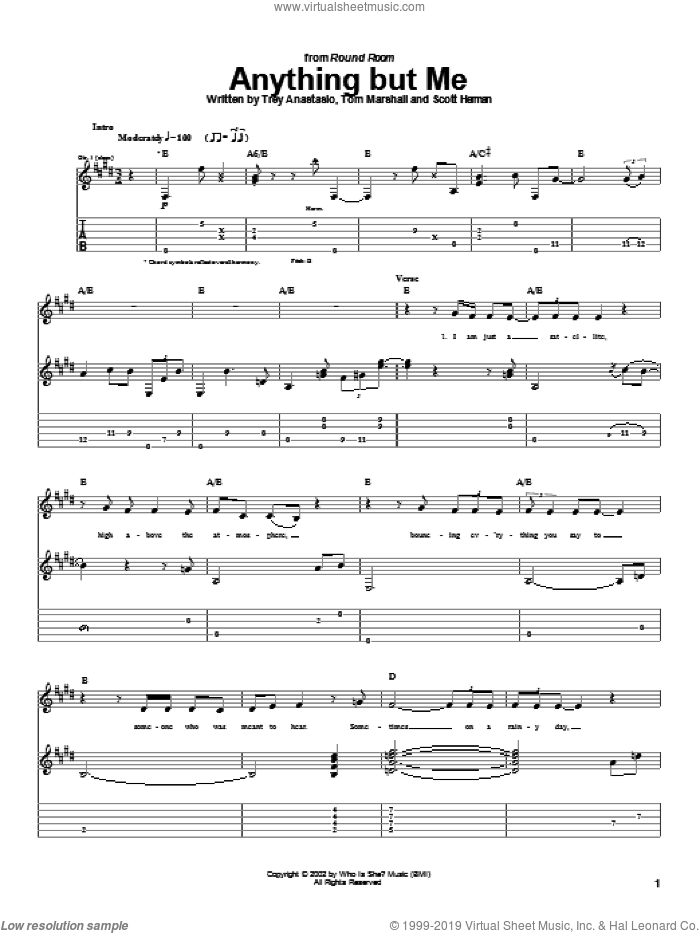 Anything But Me sheet music for guitar (tablature) by Phish, Scott Herman, Tom Marshall and Trey Anastasio, intermediate skill level