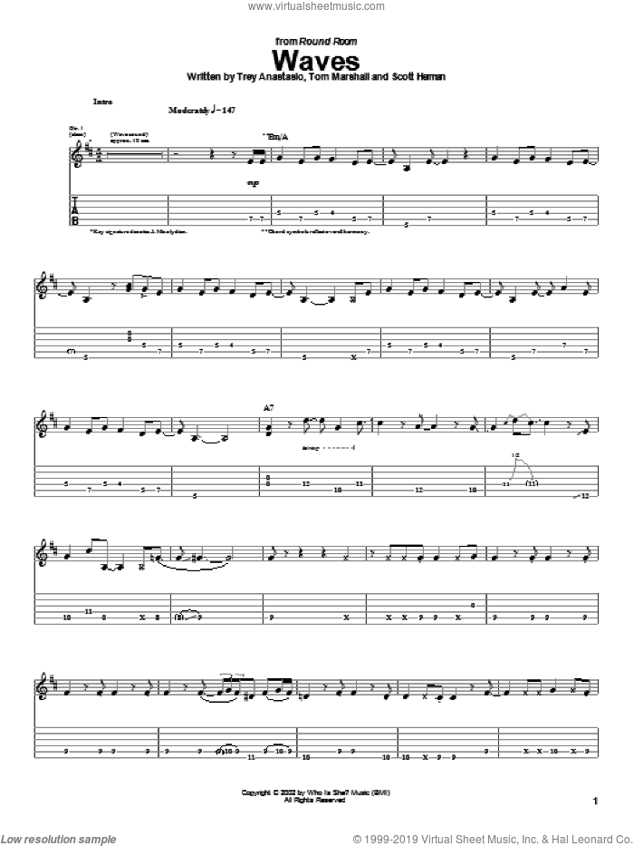 Waves sheet music for guitar (tablature) by Phish, Scott Herman, Tom Marshall and Trey Anastasio, intermediate skill level