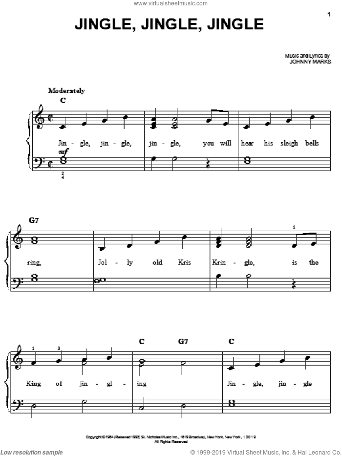Jingle, Jingle, Jingle sheet music for piano solo by Johnny Marks, easy skill level
