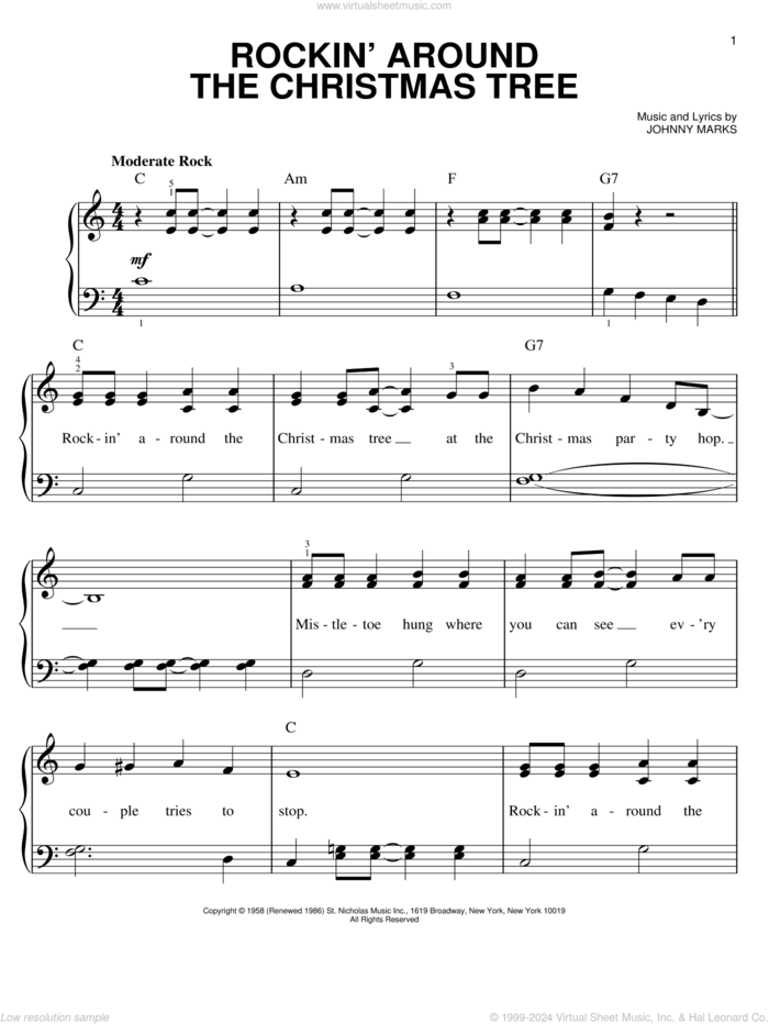 Rockin' Around The Christmas Tree sheet music for piano solo by Brenda Lee, Cyndi Lauper, Donna Fargo and Johnny Marks, easy skill level