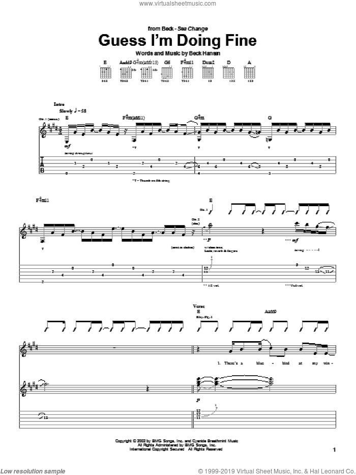 Guess I'm Doing Fine sheet music for guitar (tablature) by Beck Hansen, intermediate skill level