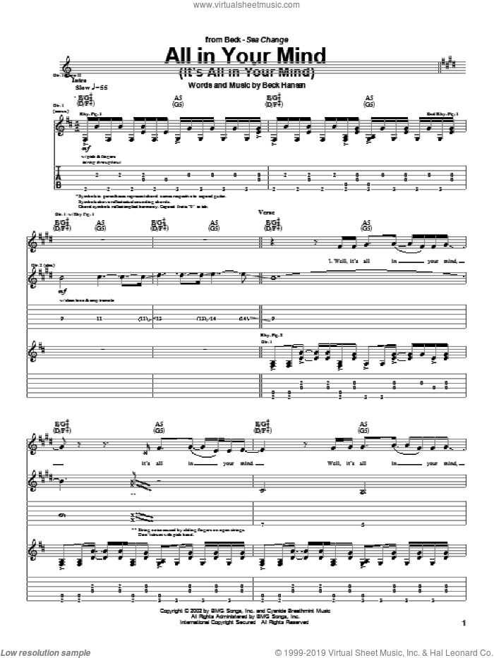 All In Your Mind (It's All In Your Mind) sheet music for guitar (tablature) by Beck Hansen, intermediate skill level