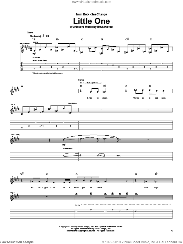 Little One sheet music for guitar (tablature) by Beck Hansen, intermediate skill level