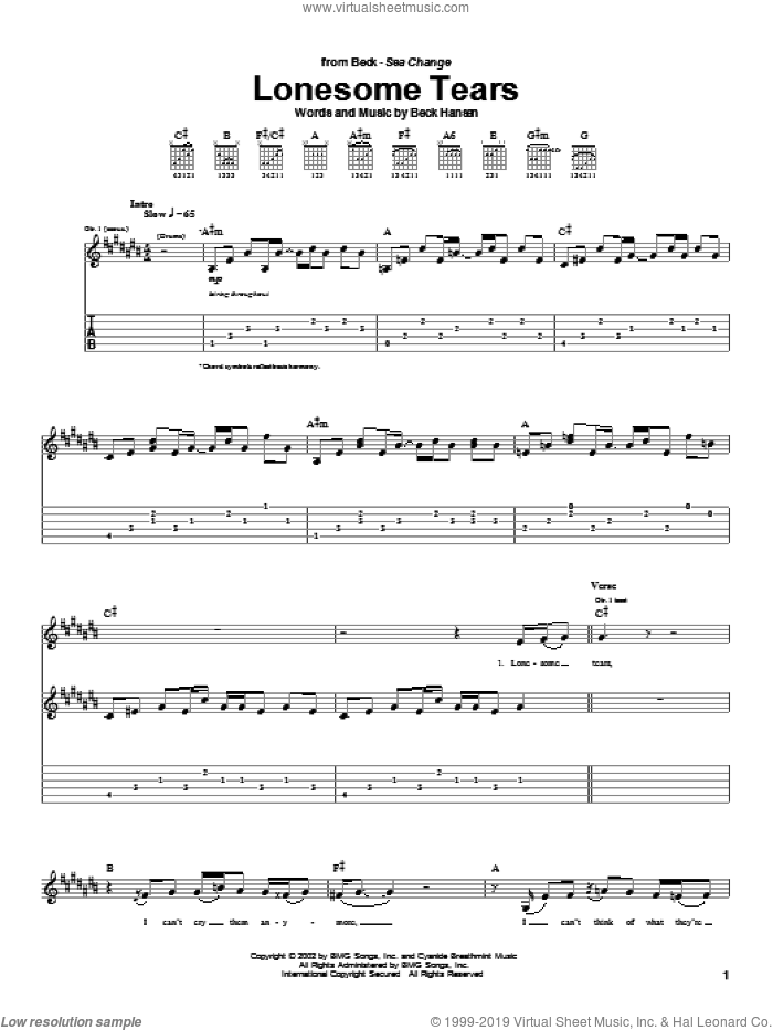 Lonesome Tears sheet music for guitar (tablature) by Beck Hansen, intermediate skill level