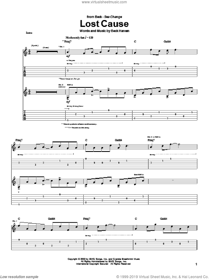 Lost Cause sheet music for guitar (tablature) by Beck Hansen, intermediate skill level