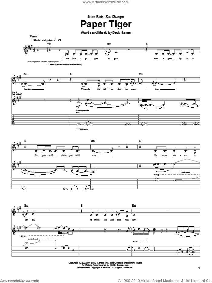 Paper Tiger sheet music for guitar (tablature) by Beck Hansen, intermediate skill level