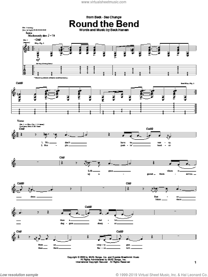 Round The Bend sheet music for guitar (tablature) by Beck Hansen, intermediate skill level