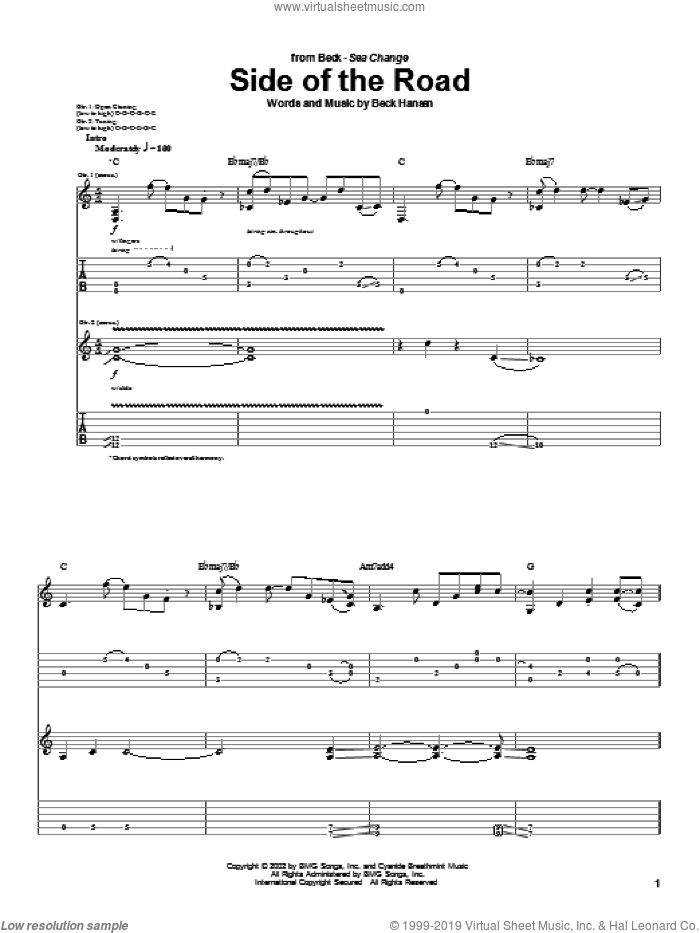 Side Of The Road sheet music for guitar (tablature) by Beck Hansen, intermediate skill level
