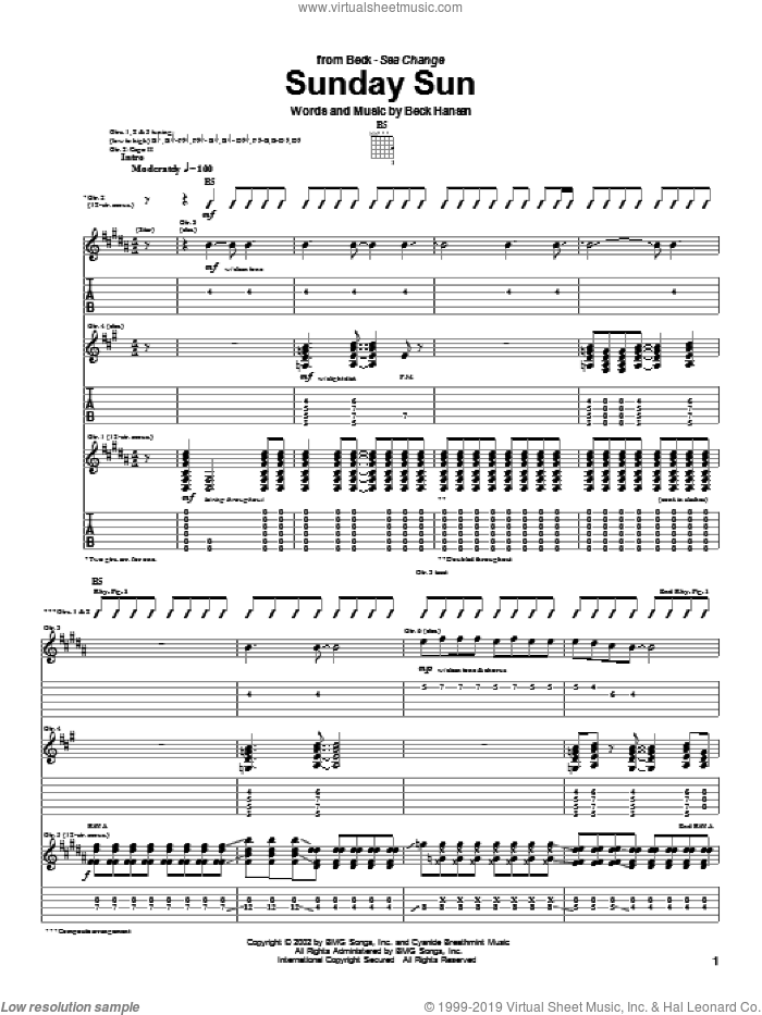 Sunday Sun sheet music for guitar (tablature) by Beck Hansen, intermediate skill level