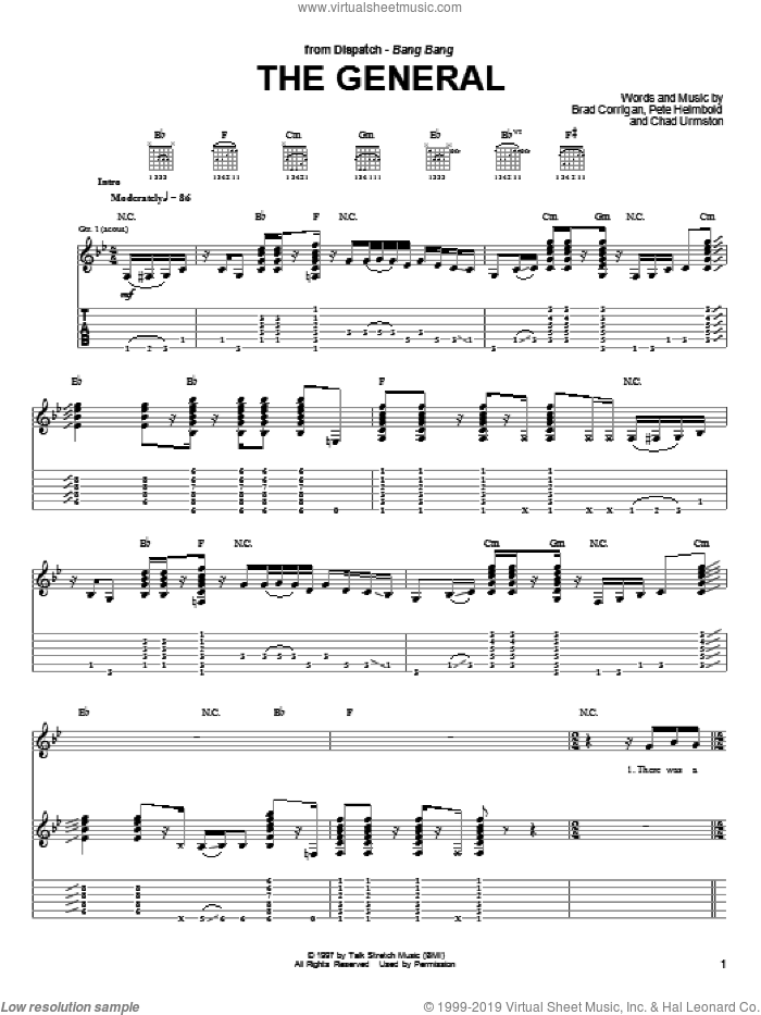 The General sheet music for guitar (tablature) by Dispatch, Brad Corrigan, Chad Urmston and Pete Heimbold, intermediate skill level
