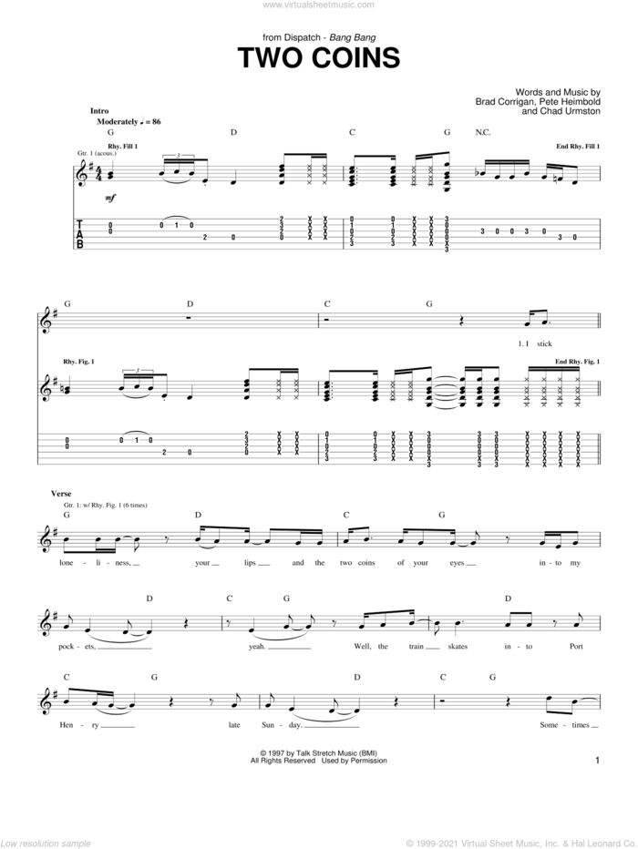 Two Coins sheet music for guitar (tablature) by Dispatch, Brad Corrigan, Chad Urmston and Pete Heimbold, intermediate skill level