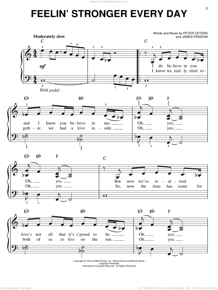 Feelin' Stronger Every Day sheet music for piano solo by Chicago, James Pankow and Peter Cetera, easy skill level