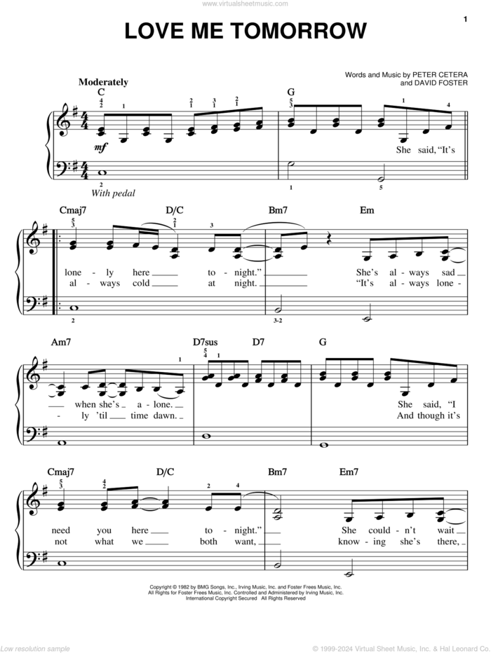 Love Me Tomorrow sheet music for piano solo by Chicago, David Foster and Peter Cetera, easy skill level