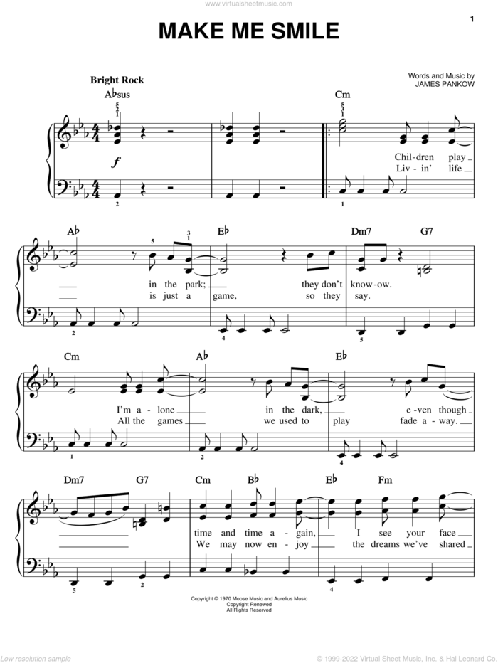 Make Me Smile sheet music for piano solo by Chicago and James Pankow, easy skill level
