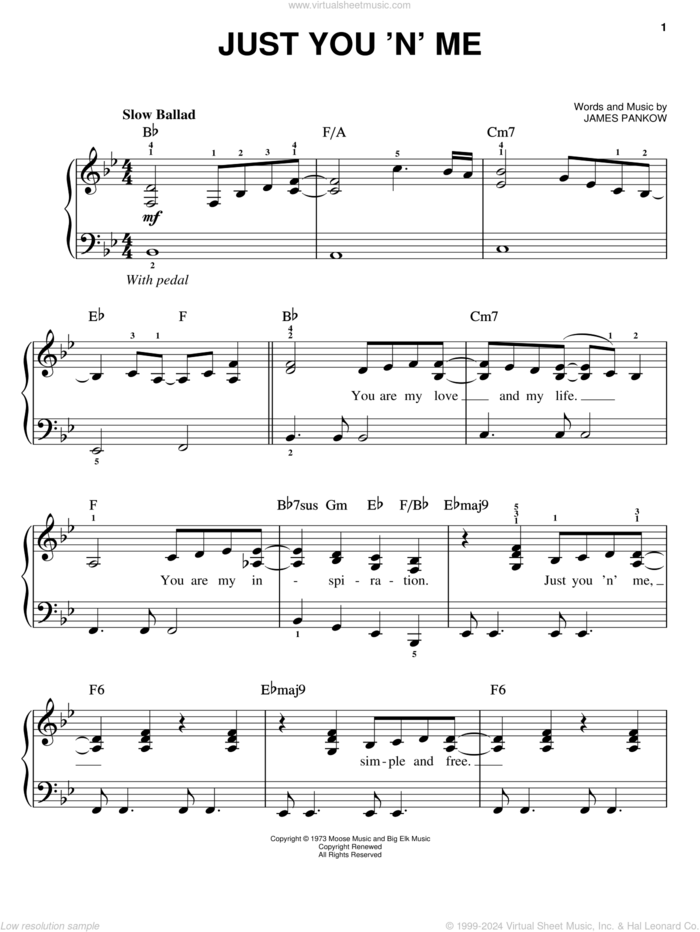 Just You 'N' Me sheet music for piano solo by Chicago and James Pankow, easy skill level