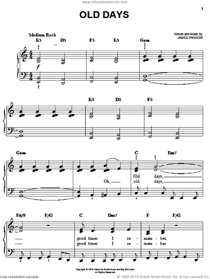 Old Days sheet music for piano solo by Chicago and James Pankow, easy skill level
