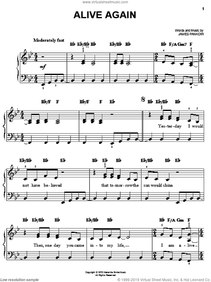 Alive Again sheet music for piano solo by Chicago and James Pankow, easy skill level