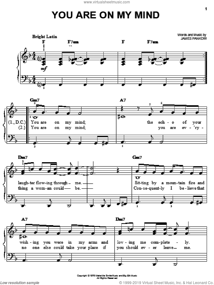 You Are On My Mind sheet music for piano solo by Chicago and James Pankow, easy skill level