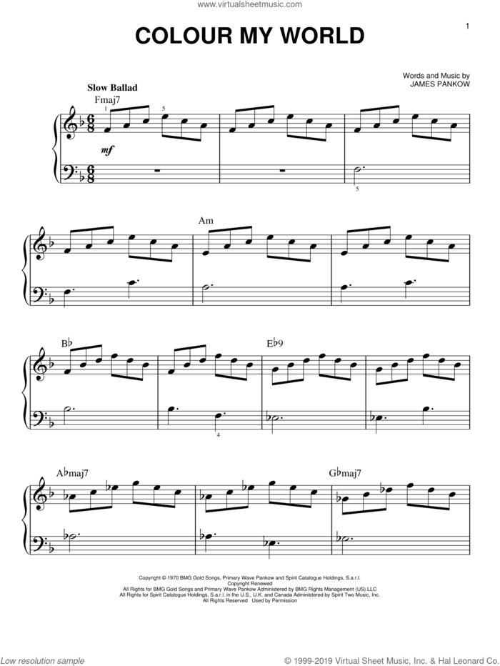 Colour My World sheet music for piano solo by Chicago and James Pankow, wedding score, beginner skill level