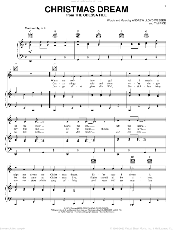 Christmas Dream sheet music for voice, piano or guitar by Perry Como, Andrew Lloyd Webber and Tim Rice, intermediate skill level