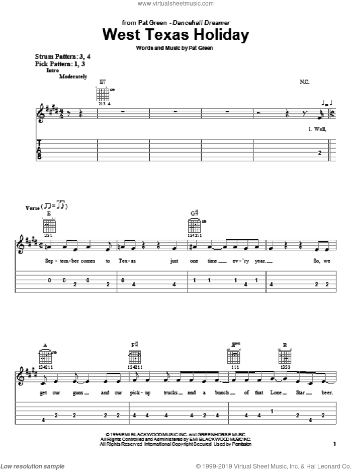 West Texas Holiday sheet music for guitar solo (easy tablature) by Pat Green, easy guitar (easy tablature)