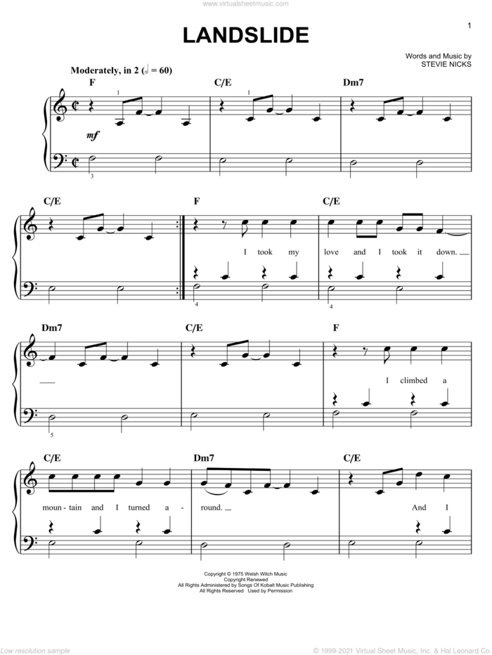 Landslide sheet music for piano solo by Stevie Nicks, Fleetwood Mac, Glee Cast and Miscellaneous, easy skill level