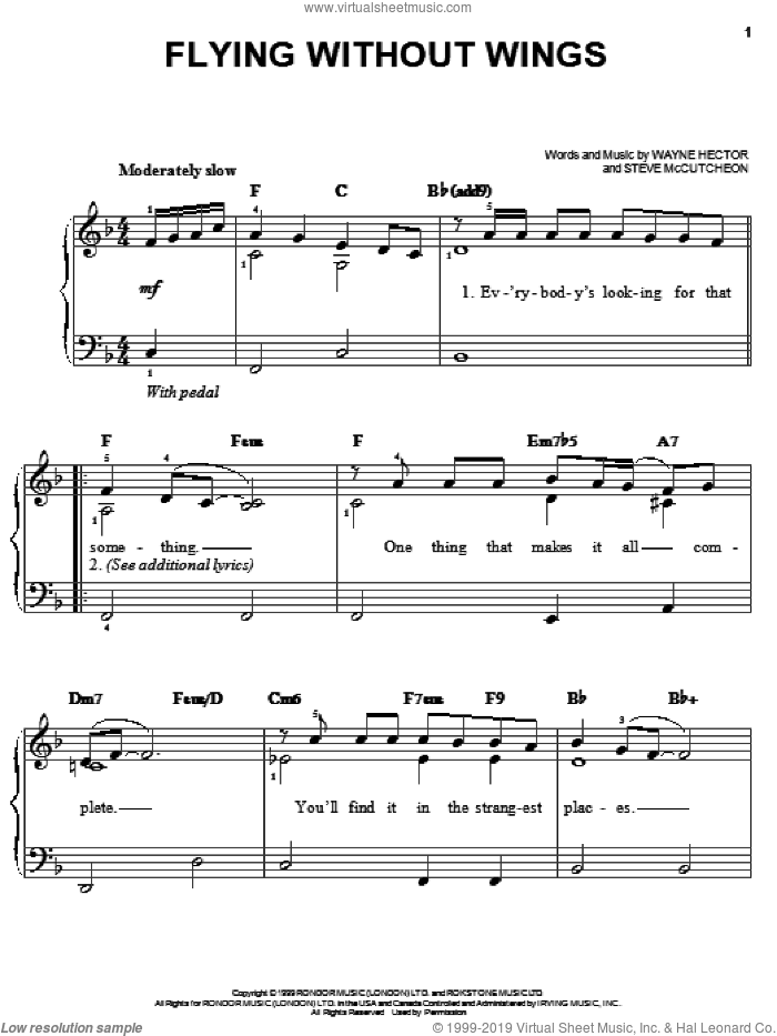 Flying Without Wings sheet music for piano solo by Ruben Studdard, Steve McCutcheon and Wayne Hector, easy skill level