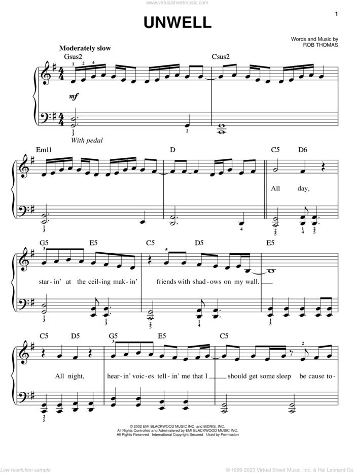 Unwell sheet music for piano solo by Matchbox Twenty, Matchbox 20 and Rob Thomas, easy skill level