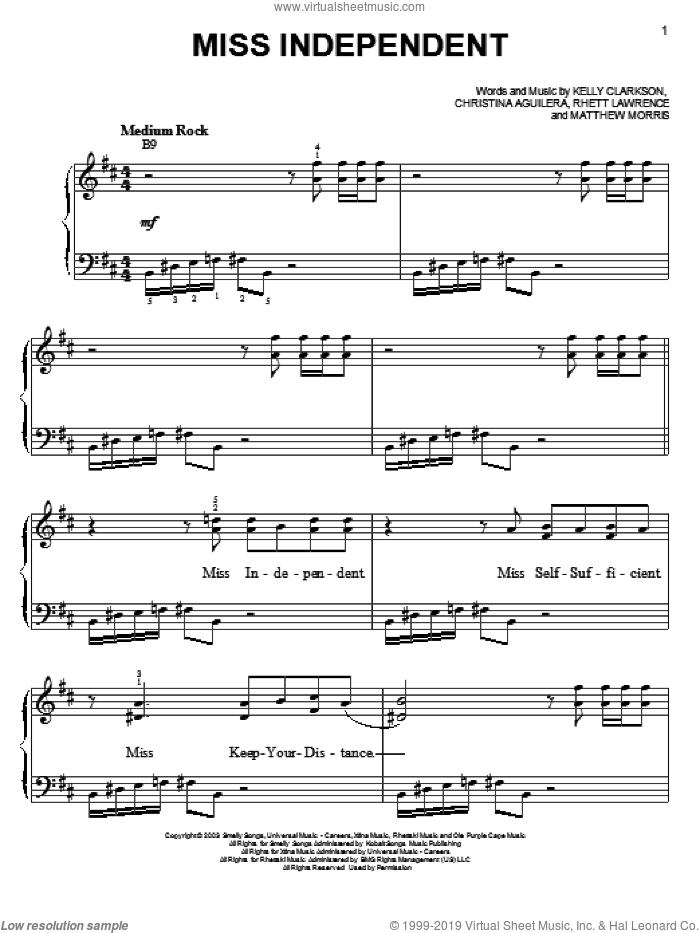 Miss Independent sheet music for piano solo by Kelly Clarkson, Christina Aguilera and Matthew Morris, easy skill level