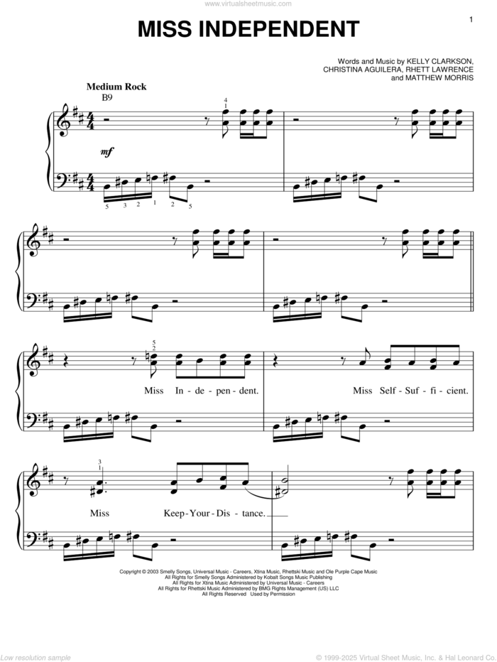 Miss Independent sheet music for piano solo by Kelly Clarkson, Christina Aguilera and Matthew Morris, easy skill level