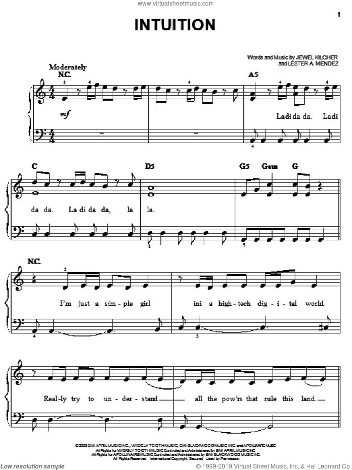 Intuition sheet music for piano solo by Jewel, Jewel Kilcher and Lester Mendez, easy skill level