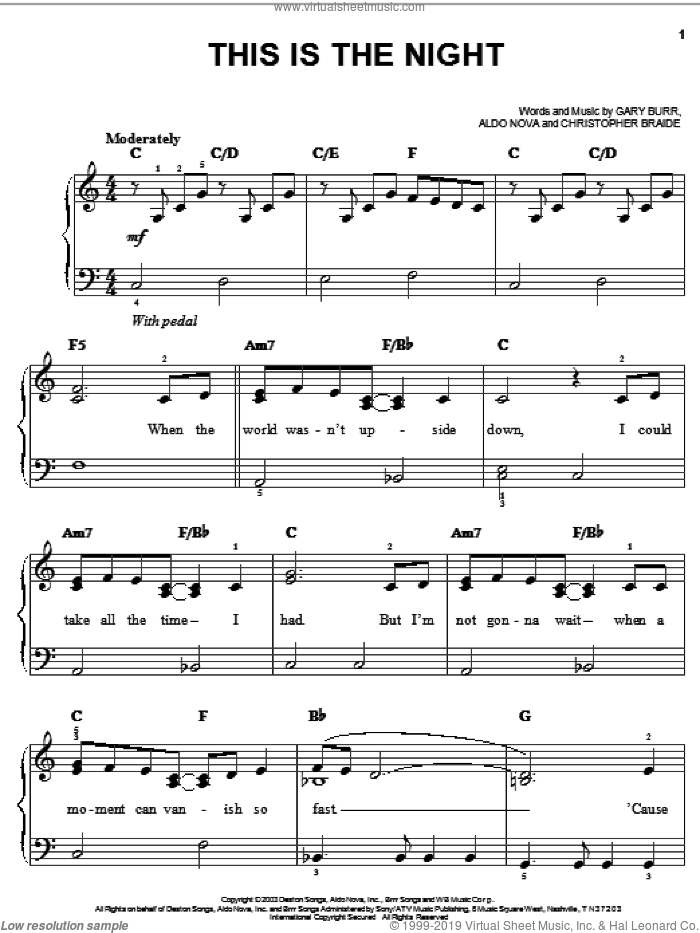 This Is The Night sheet music for piano solo by Clay Aiken, Aldo Nova, Chris Braide and Gary Burr, easy skill level