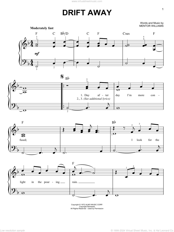 Drift Away sheet music for piano solo by Uncle Kracker, Dobie Gray and Mentor Williams, easy skill level