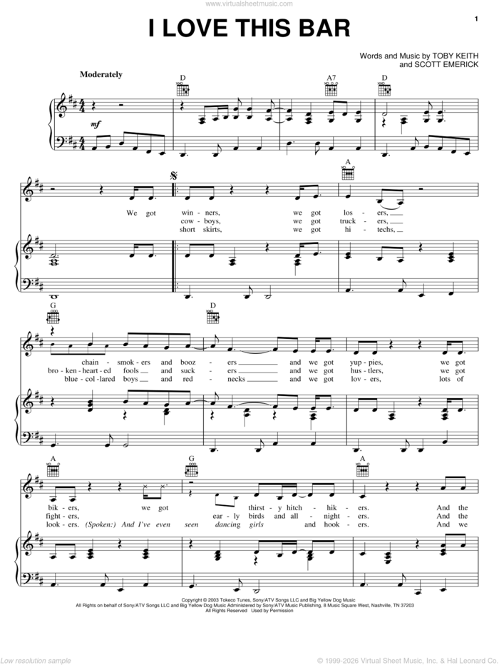 I Love This Bar sheet music for voice, piano or guitar by Toby Keith and Scotty Emerick, intermediate skill level