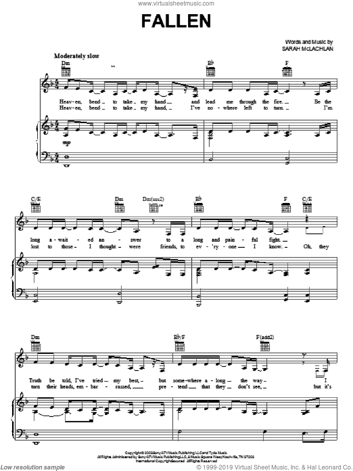 Fallen sheet music for voice, piano or guitar by Sarah McLachlan, intermediate skill level