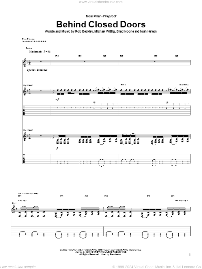 Behind Closed Doors sheet music for guitar (tablature) by Pillar, Brad Noone, Michael Wittig and Rob Beckley, intermediate skill level